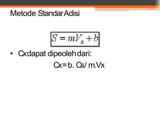 Metode StandarAdisi
• Cxdapat dipeolehdari:
Cx=b. Cs/ m.Vx
 