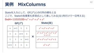 Stateを入力として、GF(28)との行列の積をとる
ここで、Stateの各要素も多項式として表してみる(左1列だけで一旦考える)
0xd4=11010100=𝑥7 + 𝑥6 + 𝑥4 + 𝑥2
実例 MixColumns
x x+1 1 1
1 x x+1 1
1 1 x x+1
x+1 1 1 x
GF(𝟐𝟖)
×
42
State(左)
𝑥7 + 𝑥6 + 𝑥4 + 𝑥2
𝑥7
+ 𝑥5
+ 𝑥4
+ 𝑥3
+ 𝑥2
+ 𝑥 + 1
𝑥6 + 𝑥4 + 𝑥3 + 𝑥2 + 1
𝑥5
+ 𝑥4
 