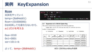 実例 KeyExpansion
Rcon
XORをやっていく
temp={8a84eb01}
Rcon={01000000}
0はXORしても変わらないから、
aと1だけを考える
0xa=1010
0x1=0001
xor=1011=b
よって、temp={8b84eb01} AES-128のRoundKey作成例
53
while (i < Nb * (Nr+1))
temp = w[i-1]
if (i mod Nk = 0)
temp = SubWord(RotWord(temp)) xor Rcon[i/Nk]
 