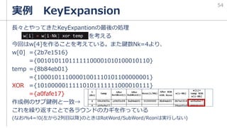 実例 KeyExpansion
長々とやってきたKeyExpantionの最後の処理
を考える
今回はw[4]を作ることを考えている。また鍵数Nk=4より、
w[0] ={2b7e1516}
={00101011011111100001010100010110}
temp ={8b84eb01}
={10001011100001001110101100000001}
XOR ={10100000111110101111111000010111}
={a0fafe17}
作成例のサブ鍵例と一致→
これを繰り返すことで各ラウンドのカギを作っている
(なおi%4=!0(左から2列目以降)のときはRotWord/SubWord/Rconは実行しない)
54
w[i] = w[i-Nk] xor temp
 