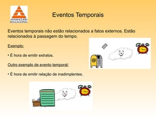 Eventos Temporais

Eventos temporais não estão relacionados a fatos externos. Estão
relacionados à passagem do tempo.

Exemplo:

• É hora de emitir extratos.

Outro exemplo de evento temporal:

• É hora de emitir relação de inadimplentes.
 