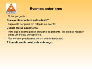 Eventos anteriores

• Outra pergunta:
 Que evento acontece antes deste?
• Faça esta pergunta em relação ao evento:
 Cliente efetua pagamento.
• Para que o cliente possa efetuar o pagamento, ele precisa receber
  antes um boleto de cobrança.
• Neste caso, precisamos de um evento temporal:
 É hora de emitir boletos de cobrança.
 