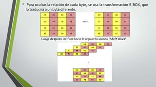 •

Para ocultar la relación de cada byte, se usa la transformación S-BOX, que
lo traducirá a un byte diferente.
19

A0

9A

E9

D4

E0

B8

1E

3D

F4

C6

F8

27

BF

B4

41

E3

E2

8D

48

11

98

5D

52

BE

2B

2A

08

AE

F1

E0

30

SBOX

Luego desplazo las filas hacia la izquierda usando “Shift Rows”.
D4

B8

27

BF

B4

41

11
AE

E0

98

5D

52

F1

E0

30

↓

D4

E0

B8

1E

BF

B4

41

27

5D

52

11

98

30

AE

F1

E0

1E

 