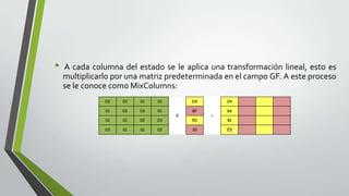 •

A cada columna del estado se le aplica una transformación lineal, esto es
multiplicarlo por una matriz predeterminada en el campo GF. A este proceso
se le conoce como MixColumns:
02

03

01

01

01

02

03

01

01

01

02

03

03

01

01

02

D4

X

BF
5D
30

04

=

66
81
E5

 