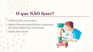 – Tocar na ferida sem um luva;
– Utilizar o mesmo material (luvas, compressas,
penso) em mais do que uma pessoa;
– Soprar para a ferida.
O que NÃO fazer?
 