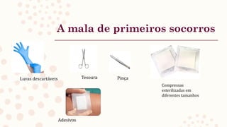 A mala de primeiros socorros
Luvas descartáveis Tesoura Pinça
Compressas
esterilizadas em
diferentes tamanhos
Adesivos
 
