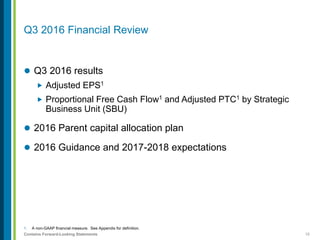 15Contains Forward-Looking Statements
1. A non-GAAP financial measure. See Appendix for definition.
Q3 2016 Financial Review
 Q3 2016 results
 Adjusted EPS1
 Proportional Free Cash Flow1 and Adjusted PTC1 by Strategic
Business Unit (SBU)
 2016 Parent capital allocation plan
 2016 Guidance and 2017-2018 expectations
 