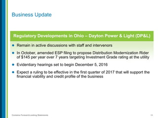 24Contains Forward-Looking Statements
 Remain in active discussions with staff and intervenors
 In October, amended ESP filing to propose Distribution Modernization Rider
of $145 per year over 7 years targeting Investment Grade rating at the utility
 Evidentiary hearings set to begin December 5, 2016
 Expect a ruling to be effective in the first quarter of 2017 that will support the
financial viability and credit profile of the business
Business Update
Regulatory Developments in Ohio – Dayton Power & Light (DP&L)
 