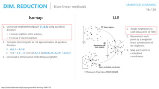 Non linear methodsDIM. REDUCTION MANIFOLD LEARNING
16 / 20
Isomap LLE
https://www.slideshare.net/plutoyang/manifold-learni...