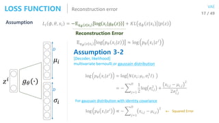 Reconstruction errorLOSS FUNCTION 17 / 49
VAE
Assumption
Reconstruction Error
𝔼 𝑞 𝜙 𝑧|𝑥 𝑖
log 𝑝 𝜃 𝑥𝑖|𝑧 ≈ log 𝑝 𝜃 𝑥𝑖|𝑧 𝑖
𝜎𝑖...