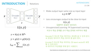 NotationsINTRODUCTION 2 / 24
𝑧
Encoder
h(.)
𝑥 𝑦
• Make output layer same size as input layer
𝑥, 𝑦 ∈ ℝ 𝑑
• Loss encourages output to be close to input
𝐿(𝑥, 𝑦)
• Unsupervised Learning  Supervised Learning
Decoder
g(.)
𝐿(𝑥, 𝑦)
𝑧 = ℎ(𝑥) ∈ ℝ 𝑑 𝑧
𝑦 = 𝑔 𝑧 = 𝑔(ℎ(𝑥))
𝐿 𝐴𝐸 = ෍
𝑥∈𝐷
𝐿(𝑥, 𝑦)
입출력이 동일한 네트워크
비교사 학습 문제를 교사 학습 문제로 바꾸어서 해결
Decoder가 최소한 학습 데이터는 생성해 낼 수 있게 된다.
 생성된 데이터가 학습 데이터 좀 닮아 있다.
Encoder가 최소한 학습 데이터는 잘 latent vector로 표현
할 수 있게 된다.
 데이터의 추상화를 위해 많이 사용된다.
AUTOENOCDERS
http://videolectures.net/deeplearning2015_vincent_autoencoders/?q=vincent%20autoencoder
 
