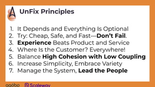 1. It Depends and Everything Is Optional
2. Try: Cheap, Safe, and Fast—Don’t Fail.
3. Experience Beats Product and Service
4. Where Is the Customer? Everywhere!
5. Balance High Cohesion with Low Coupling
6. Increase Simplicity, Embrace Variety
7. Manage the System, Lead the People
UnFix Principles
 