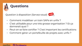 Questions
Question à disposition (Servez-vous!)
• Comment modéliser un train SAFe en unﬁx ?
• C’est utilisable pour une très grosse organisation ? Et ça
donnerait quoi ?
• Peut-on se faire certiﬁer ? C’est important les certiﬁcations
• Comment gérer un portefeuille de projets avec unﬁx ?
 