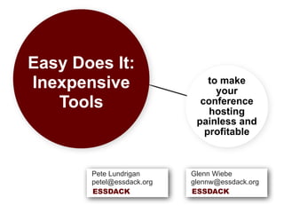 D

Easy Does It:
Inexpensive                       to make
                                    your
   Tools                        conference
                                  hosting
                               painless and
                                 profitable



          Pete Lundrigan      Glenn Wiebe
          petel@essdack.org   glennw@essdack.org
          ESSDACK             ESSDACK
 