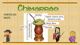 Topete, respiro, cerro,
barranco, crista.
Bomba
Beiço, Boca.
Pescoço
Cuia
ou
Porongo.
MAT
E
PARTES DO
MATE
 