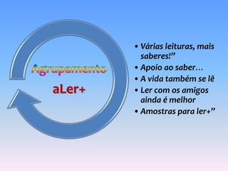 • Várias leituras, mais 
saberes!” 
• Apoio ao saber… 
• A vida também se lê 
• Ler com os amigos 
ainda é melhor 
• Amostras para ler+” 
aLer+ 
 
