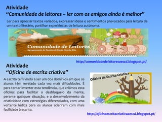 Atividade 
“Comunidade de leitores – ler com os amigos ainda é melhor” 
Ler para apreciar textos variados, expressar ideias e sentimentos provocados pela leitura de 
um texto literário, partilhar experiências de leitura autónoma. 
http://comunidadedeleitoresaescd.blogspot.pt/ 
Atividade 
“Oficina de escrita criativa” 
A escrita tem vindo a ser um dos domínios em que os 
alunos têm revelado cada vez mais dificuldades. É 
para tentar inverter esta tendência, que criámos esta 
oficina: para facilitar o desbloqueio da mente, 
perante qualquer situação, e o desenvolvimento da 
criatividade com estratégias diferenciadas, com uma 
vertente lúdica para os alunos aderirem com mais 
facilidade à escrita. 
http://oficinaescritacriativaaescd.blogspot.pt/ 
 