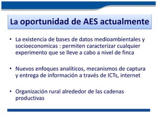 La oportunidad de AES actualmente
• La existencia de bases de datos medioambientales y
  socioeconomicas : permiten caracterizar cualquier
  experimento que se lleve a cabo a nivel de finca

• Nuevos enfoques analíticos, mecanismos de captura
  y entrega de información a través de ICTs, internet

• Organización rural alrededor de las cadenas
  productivas
 