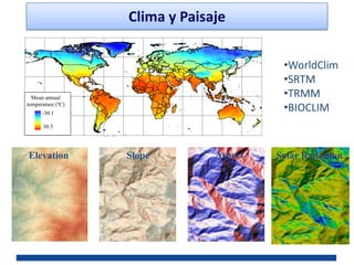 Clima y Paisaje


                                            •WorldClim
                                            •SRTM
  Mean annual                               •TRMM
temperature (ºC)
      -30.1
                                            •BIOCLIM
      30.5




Elevation            Slope        Aspect   Solar Radiation



     Annual
precipitation (mm)
      0

      12084
 