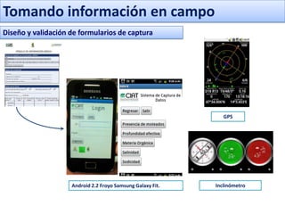 Tomando información en campo
Diseño y validación de formularios de captura




                                                               GPS




                    Android 2.2 Froyo Samsung Galaxy Fit.   Inclinómetro
 