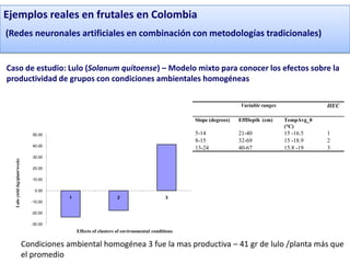 Ejemplos reales en frutales en Colombia
(Redes neuronales artificiales en combinación con metodologías tradicionales)


Caso de estudio: Lulo (Solanum quitoense) – Modelo mixto para conocer los efectos sobre la
productividad de grupos con condiciones ambientales homogéneas

                                                                                                                    Variable ranges               HEC

                                                                                                  Slope (degrees)   EffDepth (cm)     TempAvg_0
                                                                                                                                      (°C)
                                  50.00                                                           5-14              21-40             15 -16.5    1
                                                                                                  8-15              32-69             15 -18.9    2
                                  40.00
                                                                                                  13-24             40-67             15.8 -19    3
                                  30.00
  Lulo yield (kg/plant/week)




                                  20.00

                                  10.00

                                   0.00
                                            1                      2                       3
                                 -10.00

                                 -20.00

                                 -30.00
                                                Effects of clusters of environmental conditions

                               Condiciones ambiental homogénea 3 fue la mas productiva – 41 gr de lulo /planta más que
                               el promedio
 