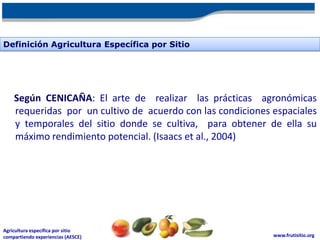 Definición Agricultura Específica por Sitio




    Según CENICAÑA: El arte de realizar las prácticas agronómicas
    requeridas por un cultivo de acuerdo con las condiciones espaciales
    y temporales del sitio donde se cultiva, para obtener de ella su
    máximo rendimiento potencial. (Isaacs et al., 2004)




Agricultura específica por sitio
compartiendo experiencias (AESCE)                            www.frutisitio.org
 