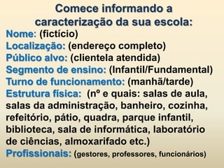 Comece informando a
       caracterização da sua escola:
Nome: (fictício)
Localização: (endereço completo)
Público alvo: (clientela atendida)
Segmento de ensino: (Infantil/Fundamental)
Turno de funcionamento: (manhã/tarde)
Estrutura física: (nº e quais: salas de aula,
salas da administração, banheiro, cozinha,
refeitório, pátio, quadra, parque infantil,
biblioteca, sala de informática, laboratório
de ciências, almoxarifado etc.)
Profissionais: (gestores, professores, funcionários)
 