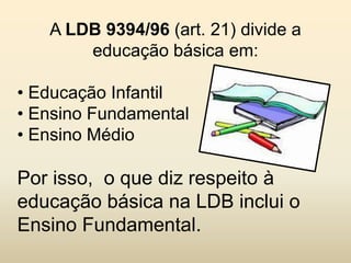 A LDB 9394/96 (art. 21) divide a
       educação básica em:

• Educação Infantil
• Ensino Fundamental
• Ensino Médio

Por isso, o que diz respeito à
educação básica na LDB inclui o
Ensino Fundamental.
 