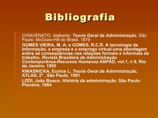 Bibliografia CHIAVENATO, Idalberto.  Teoria Geral da Administração . São Paulo: McGraw-Hill do Brasil, 1979   GOMES VIEIRA, M. A; e GOMES, R.C.R. A tecnologia de Informação, a empresa e o emprego virtual-uma abordagem sobre as conseqüências nas relações formais e informais de trabalho.  Revista Brasileira de Administração Contemporânea-Recursos Humanos  ANPAD, vol.1, n 9, Rio de Janeiro, 1995   KWASNICKA, Eunice L.  Teoria Geral da Administração , ATLAS, 2ª , São Paulo, 1991   LODI, João Bosco.  História da administração . São Paulo: Pioneira, 1984     