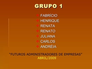GRUPO 1 FABRÍCIO HENRIQUE RENATA RENATO JULIANA CARLOS ANDRÉIA “ FUTUROS ADMINISTRADORES DE EMPRESAS” ABRIL/2009 