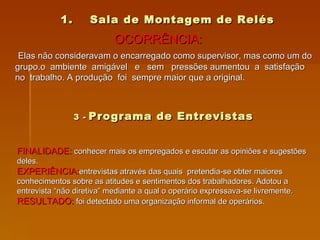 Sala de Montagem de Relés OCORRÊNCIA:   Elas não consideravam o encarregado como supervisor, mas como um do grupo.o  ambiente  amigável  e  sem  pressões aumentou  a  satisfação  no  trabalho. A produção  foi  sempre maior que a original. 3 -   Programa de Entrevistas FINALIDADE:   conhecer mais os empregados e escutar as opiniões e sugestões deles. EXPERIÊNCIA: entrevistas através das quais  pretendia-se obter maiores conhecimentos sobre as atitudes e sentimentos dos trabalhadores. Adotou a entrevista “não diretiva” mediante a qual o operário expressava-se livremente.   RESULTADO:   foi detectado uma organização informal de operários. 