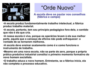 “ Orde Nuovo” A escola deve se pautar nos conselhos (fábrica e campo) A escola produz fundamentalmente trabalho intelectual, a fábrica produz trabalho material. A escola, portanto, tem seu princípio pedagógico fora dela, o sentido que não é ela que cria. A nossa escola é viva, porque os operários levam  à  ela sua melhor parte, aquela que o cansaço da oficina não pode enfraquecer: a vontade de se tornarem melhores. A escola deve ensinar exatamente como é e como funciona o instrumento de trabalho.  Mesmo em uma nova escola, não se parte do zero, porque a própria prática produtiva industrial constitui o primeiro momento formativo do novo homem socialista. O trabalho educa o novo homem. Entretanto, se a f á brica inicia ,  ela não completa o processo educativo. 