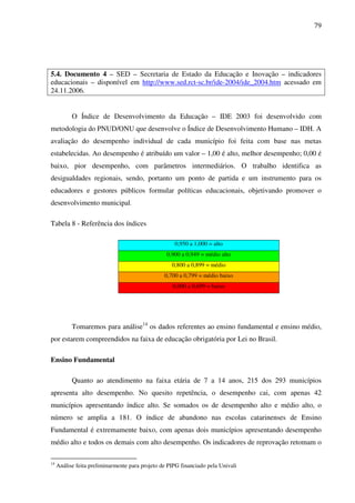 79
5.4. Documento 4 – SED – Secretaria de Estado da Educação e Inovação – indicadores
educacionais – disponível em http://www.sed.rct-sc.br/ide-2004/ide_2004.htm acessado em
24.11.2006.
O Índice de Desenvolvimento da Educação – IDE 2003 foi desenvolvido com
metodologia do PNUD/ONU que desenvolve o Índice de Desenvolvimento Humano – IDH. A
avaliação do desempenho individual de cada município foi feita com base nas metas
estabelecidas. Ao desempenho é atribuído um valor – 1,00 é alto, melhor desempenho; 0,00 é
baixo, pior desempenho, com parâmetros intermediários. O trabalho identifica as
desigualdades regionais, sendo, portanto um ponto de partida e um instrumento para os
educadores e gestores públicos formular políticas educacionais, objetivando promover o
desenvolvimento municipal.
Tabela 8 - Referência dos índices
0,950 a 1,000 = alto
0,900 a 0,949 = médio alto
0,800 a 0,899 = médio
0,700 a 0,799 = médio baixo
0,000 a 0,699 = baixo
Tomaremos para análise14
os dados referentes ao ensino fundamental e ensino médio,
por estarem compreendidos na faixa de educação obrigatória por Lei no Brasil.
Ensino Fundamental
Quanto ao atendimento na faixa etária de 7 a 14 anos, 215 dos 293 municípios
apresenta alto desempenho. No quesito repetência, o desempenho cai, com apenas 42
municípios apresentando índice alto. Se somados os de desempenho alto e médio alto, o
número se amplia a 181. O índice de abandono nas escolas catarinenses de Ensino
Fundamental é extremamente baixo, com apenas dois municípios apresentando desempenho
médio alto e todos os demais com alto desempenho. Os indicadores de reprovação retomam o
14
Análise feita preliminarmente para projeto de PIPG financiado pela Univali
 