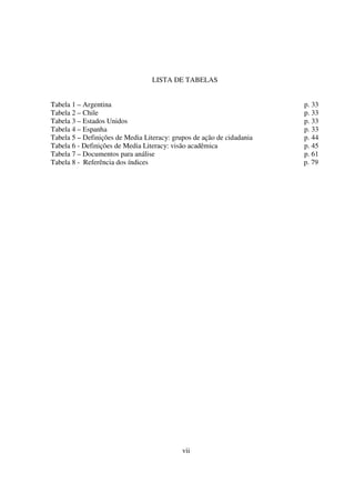 8
Tabela 1 – Argentina p. 33
Tabela 2 – Chile p. 33
Tabela 3 – Estados Unidos p. 33
Tabela 4 – Espanha p. 33
Tabela 5 – Definições de Media Literacy: grupos de ação de cidadania p. 44
Tabela 6 - Definições de Media Literacy: visão acadêmica p. 45
Tabela 7 – Documentos para análise p. 61
Tabela 8 - Referência dos índices p. 79
vii
LISTA DE TABELAS
 