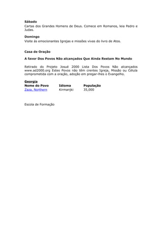 Sábado
Cartas dos Grandes Homens de Deus. Comece em Romanos, leia Pedro e
Judas.

Domingo
Visite ás emocionantes Igrejas e missões vivas do livro de Atos.


Casa de Oração

A favor Dos Povos Não alcançados Que Ainda Restam No Mundo

Retirado do Projeto Josué 2000 Lista Dos Povos Não alcançados
www.ad2000.org Estes Povos não têm crentes Igreja, Missão ou Célula
comprometida com a oração, adoção em pregar-lhes o Evangelho.

Georgia
Nome do Povo          Idioma           População
Zaza, Northern        Kirmanjki        35,000



Escola de Formação
 