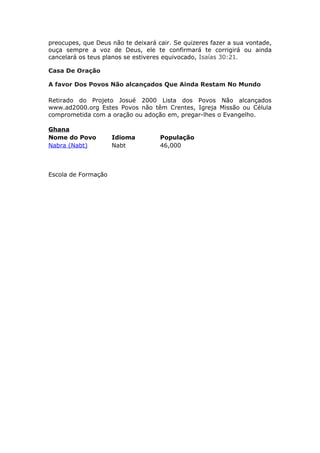preocupes, que Deus não te deixará cair. Se quizeres fazer a sua vontade,
ouça sempre a voz de Deus, ele te confirmará te corrigirá ou ainda
cancelará os teus planos se estiveres equivocado, Isaías 30:21.

Casa De Oração

A favor Dos Povos Não alcançados Que Ainda Restam No Mundo

Retirado do Projeto Josué 2000 Lista dos Povos Não alcançados
www.ad2000.org Estes Povos não têm Crentes, Igreja Missão ou Célula
comprometida com a oração ou adoção em, pregar-lhes o Evangelho.

Ghana
Nome do Povo         Idioma         População
Nabra (Nabt)         Nabt           46,000



Escola de Formação
 