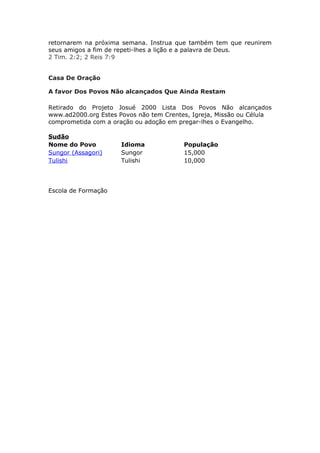 retornarem na próxima semana. Instrua que também tem que reunirem
seus amigos a fim de repeti-lhes a lição e a palavra de Deus.
2 Tim. 2:2; 2 Reis 7:9


Casa De Oração

A favor Dos Povos Não alcançados Que Ainda Restam

Retirado do Projeto Josué 2000 Lista Dos Povos Não alcançados
www.ad2000.org Estes Povos não tem Crentes, Igreja, Missão ou Célula
comprometida com a oração ou adoção em pregar-lhes o Evangelho.

Sudão
Nome do Povo          Idioma             População
Sungor (Assagori)     Sungor             15,000
Tulishi               Tulishi            10,000




Escola de Formação
 