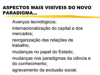 ASPECTOS MAIS VISÍVEIS DO NOVO
PARADIGMA...
   Avanços tecnológicos;
   internacionalização do capital e dos
   mercados;
   reorganização das relações de
   trabalho;
   mudanças no papel do Estado;
   mudanças nos paradigmas da ciência e
   do conhecimento;
   agravamento da exclusão social.
 