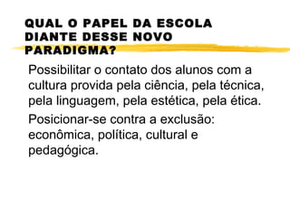 QUAL O PAPEL DA ESCOLA
DIANTE DESSE NOVO
PARADIGMA?
Possibilitar o contato dos alunos com a
cultura provida pela ciência, pela técnica,
pela linguagem, pela estética, pela ética.
Posicionar-se contra a exclusão:
econômica, política, cultural e
pedagógica.
 
