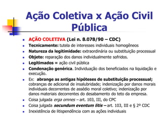 Ação Coletiva x Ação Civil
             Pública
   AÇÃO COLETIVA (Lei n. 8.078/90 – CDC)
   Tecnicamente: tutela de interesses individuais homogêneos
   Natureza da legitimidade: extraordinária ou substituição processual
   Objeto: reparação dos danos individualmente sofridos.
   Legitimados = ação civil pública
   Condenação genérica. Individuação dos beneficiados na liquidação e
    execução.
   Ex: abrange as antigas hipóteses de substituição processual;
    cobranças de adicional de insalubridade; indenização por danos morais
    individuais decorrentes de assédio moral coletivo; indenização por
    danos materiais decorrentes do desabamento do teto da empresa.
   Coisa julgada erga omnes – art. 103, III, do CPC
   Coisa julgada secundum eventum litis – art. 103, III e § 2º CDC
   Inexistência de litispendência com as ações individuais
 