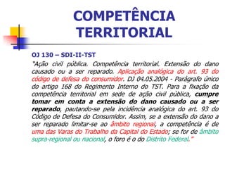 COMPETÊNCIA
              TERRITORIAL
OJ 130 – SDI-II-TST
“Ação civil pública. Competência territorial. Extensão do dano
causado ou a ser reparado. Aplicação analógica do art. 93 do
código de defesa do consumidor. DJ 04.05.2004 - Parágrafo único
do artigo 168 do Regimento Interno do TST. Para a fixação da
competência territorial em sede de ação civil pública, cumpre
tomar em conta a extensão do dano causado ou a ser
reparado, pautando-se pela incidência analógica do art. 93 do
Código de Defesa do Consumidor. Assim, se a extensão do dano a
ser reparado limitar-se ao âmbito regional, a competência é de
uma das Varas do Trabalho da Capital do Estado; se for de âmbito
supra-regional ou nacional, o foro é o do Distrito Federal.”
 