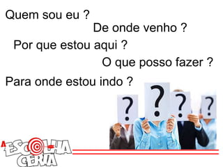 Quem sou eu ?
De onde venho ?
Por que estou aqui ?
O que posso fazer ?
Para onde estou indo ?
 