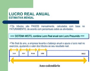 LUCRO REAL ANUAL ESTIMATIVA MENSAL Os tributos são PAGOS mensalmente, calculados com base no FATURAMENTO, de acordo com percentuais sobre as atividades; No final do ano, a empresa levanta o balanço anual e apura o lucro real no exercício, ajustando o valor dos tributos ao seu resultado real. Ano-calendário JAN FEV MAR ABR DEZ >>> SISTEMA MISTO, combina Lucro Real anual com Lucro Presumido <<< 