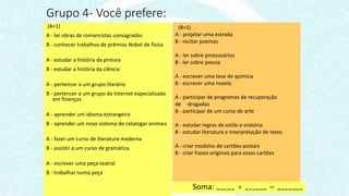 (A=1)
A - ler obras de romancistas consagrados
B - conhecer trabalhos de prêmios Nobel de física
A - estudar a história da pintura
B - estudar a história da ciência
A - pertencer a um grupo literário
B - pertencer a um grupo da Internet especializado
em finanças
A - aprender um idioma estrangeiro
B - aprender um novo sistema de catalogar animais
A - fazer um curso de literatura moderna
B - assistir a um curso de gramática
A - escrever uma peça teatral
B - trabalhar numa peça
Grupo 4- Você prefere:
(B=1)
A - projetar uma estrada
B - recitar poemas
A - ler sobre protozoários
B - ler sobre poesia
A - escrever uma tese de química
B - escrever uma novela
A - participar de programas de recuperação
de drogados
B - participar de um curso de arte
A - estudar regras de estilo e oratória
B - estudar literatura e interpretação de texto
A - criar modelos de cartões-postais
B - criar frases originais para esses cartões
Soma: _____ + ______ = _______
 