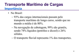 48 
Transporte Marítimo de Cargas 
Importância 
• No Brasil: 
– 93% das cargas internacionais passam pelo 
transporte marítimo de longo curso, sendo que no 
mundo a média é de 80%. 
– Na navegação de cabotagem, 99% são granéis, 
sendo 74% líquidos (petróleo e álcool) e 26% 
sólidos. 
– O transporte fluvial representa 1% dos transportes. 
 