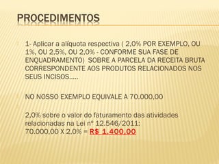 1- Aplicar a alíquota respectiva ( 2,0% POR EXEMPLO, OU
1%, OU 2,5%, OU 2,0% - CONFORME SUA FASE DE
ENQUADRAMENTO) SOBRE A PARCELA DA RECEITA BRUTA
CORRESPONDENTE AOS PRODUTOS RELACIONADOS NOS
SEUS INCISOS.....
 NO NOSSO EXEMPLO EQUIVALE A 70.000,00

2,0% sobre o valor do faturamento das atividades
relacionadas na Lei nº 12.546/2011:
70.000,00 X 2,0% = R$ 1.400,00
 