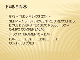  GPS = TUDO MENOS 20% =
 SEFIP = A DIFERENÇA ENTRE O RECOLHIDO
E QUE DEVERIA TER SIDO RECOLHIDO =
CAMPO COMPENSAÇÃO
 % DO FATURAMENTO = DARF
 DARF ........DCTF........DIPJ ......EFD
CONTRIBUIÇÕES
 