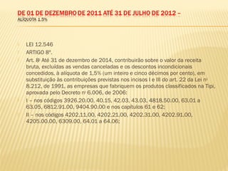  LEI 12.546
 ARTIGO 8º.
 Art. 8o
Até 31 de dezembro de 2014, contribuirão sobre o valor da receita
bruta, excluídas as vendas canceladas e os descontos incondicionais
concedidos, à alíquota de 1,5% (um inteiro e cinco décimos por cento), em
substituição às contribuições previstas nos incisos I e III do art. 22 da Lei no
8.212, de 1991, as empresas que fabriquem os produtos classificados na Tipi,
aprovada pelo Decreto no
6.006, de 2006:
 I – nos códigos 3926.20.00, 40.15, 42.03, 43.03, 4818.50.00, 63.01 a
63.05, 6812.91.00, 9404.90.00 e nos capítulos 61 e 62;
 II – nos códigos 4202.11.00, 4202.21.00, 4202.31.00, 4202.91.00,
4205.00.00, 6309.00, 64.01 a 64.06;
 