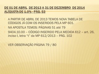  A PARTIR DE ABRIL DE 2013 TEMOS NOVA TABELA DE
CÓDIGOS JÁ COM OS INSERIDOS PELA MP 601.
 NA APOSTILA TEMOS: PÁGINAS 51 até 79
 9404.10.00 – CÓDIGO INSERIDO PELA MEDIDA 612 – art. 26,
inciso I, letra “t” da MP 612/2013 – PÁG. 102
 VER OBSERVAÇÃO PÁGINA 79 / 80
 