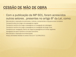  Com a publicação da MP 601, foram acrescidos
outros setores , presentes no artigo 8º da Lei, como:
 Manutenção e reparação de aeronaves, motores, componentes e equipamentos correlatos
 Transporte aéreo de carga e de passageiros regular
 Transporte marítimo de carga e passageiros na navegação de cabotagem
 Transporte marítimo de carga e passageiros na navegação de longo curso
 Transporte por navegação interior de carga de passageiros em linhas regulares
 Navegação de apoio marítimo e de apoio portuário;
 Manutenção e reparação de embarcações
 Varejo (atividades listadas no anexo II da Lei nº 12.546/2011)
 